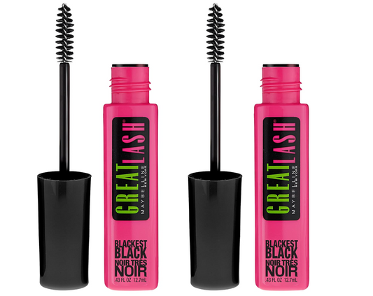 Maybelline Great Lash Washable Mascara Makeup, Volumizing Lash-Doubling Formula That Conditions As It Thickens, Blackest Black, 2 Count