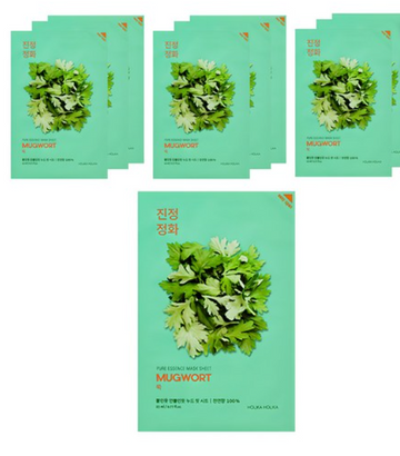 Holika Holika Pure Essence Mask Sheet Mugwort – Soothing & Calming Korean Face Mask, 10 Sheets (1 Pack Each)